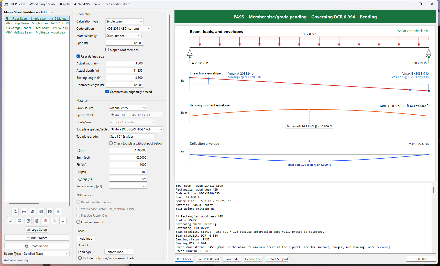 SBCP main window showing a wood single-span beam check with pass banner, governing DCR, and shear, moment, and deflection diagrams