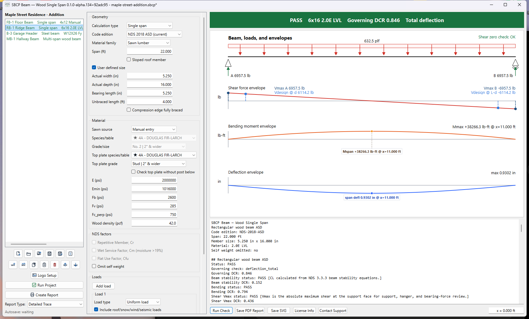 LVL ridge beam check governed by total deflection